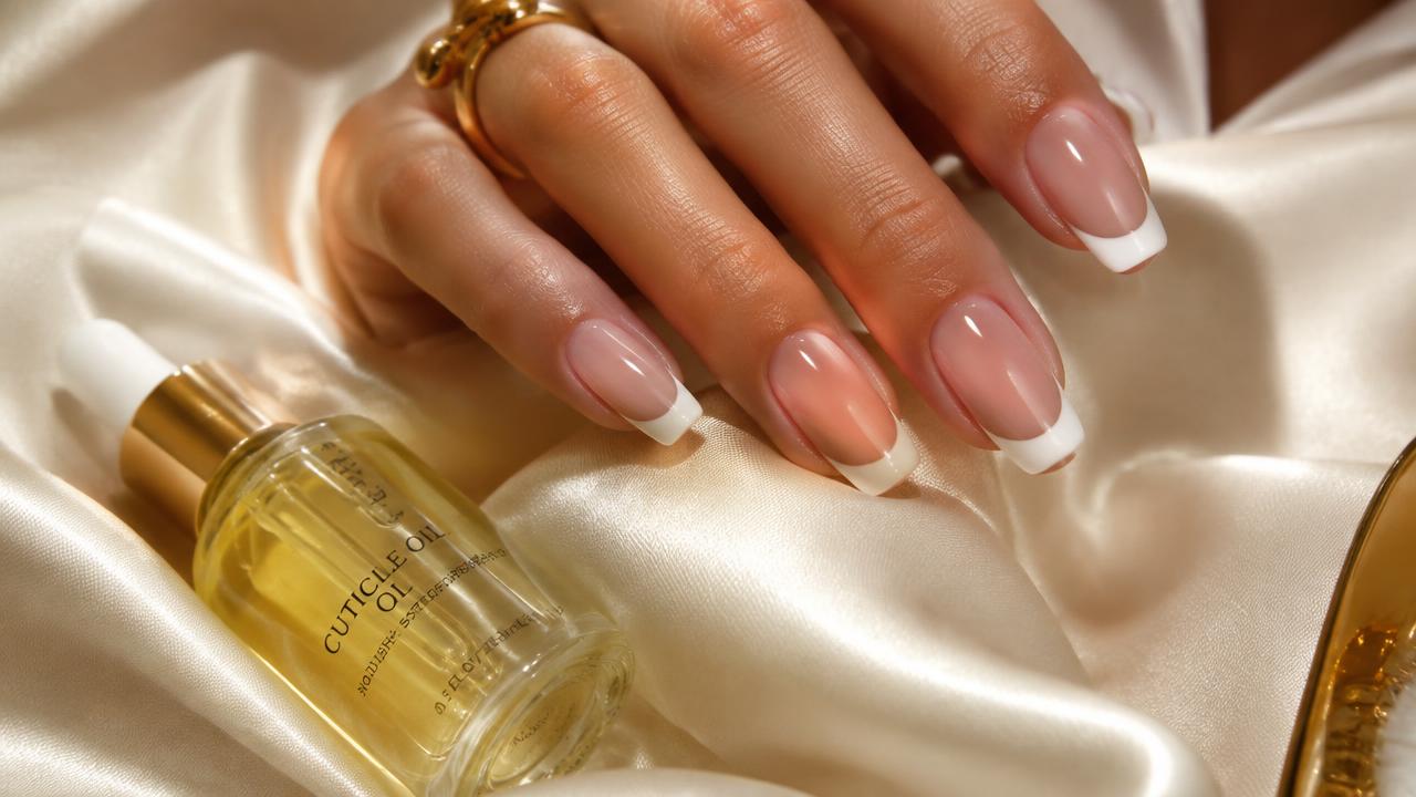 A finished glossy french manicure with crisp white tips
